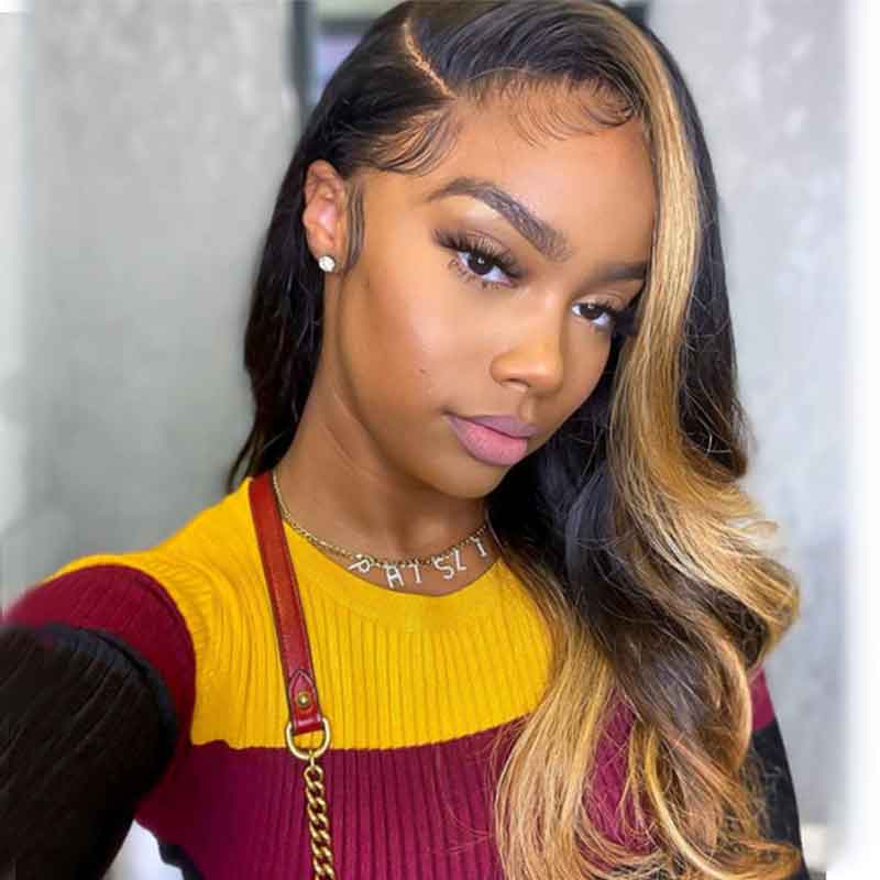 Skunk Stripe Wig With Honey Blonde Highlights Body Wave Human Hair Lace Frontal Wig - Alibonnie