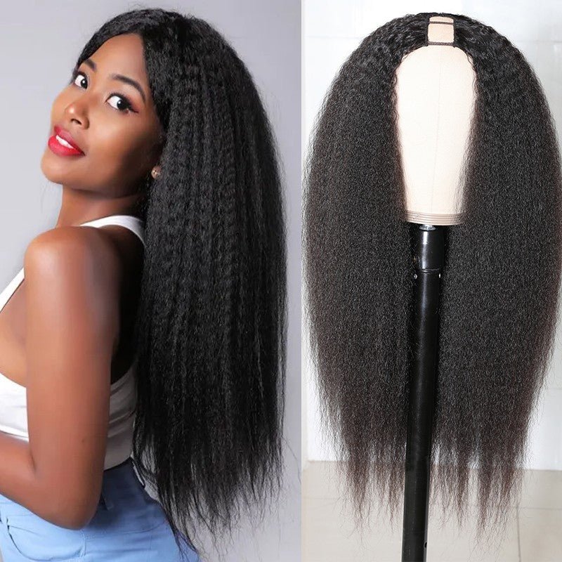 U Part Wig 100% Brazilian Remy Human Hair Kinky Straight Wigs Natural Color - Alibonnie